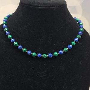 Vintage Lapis Lazuli Round Beaded Womens Necklace Gold Coated Silver Clasp